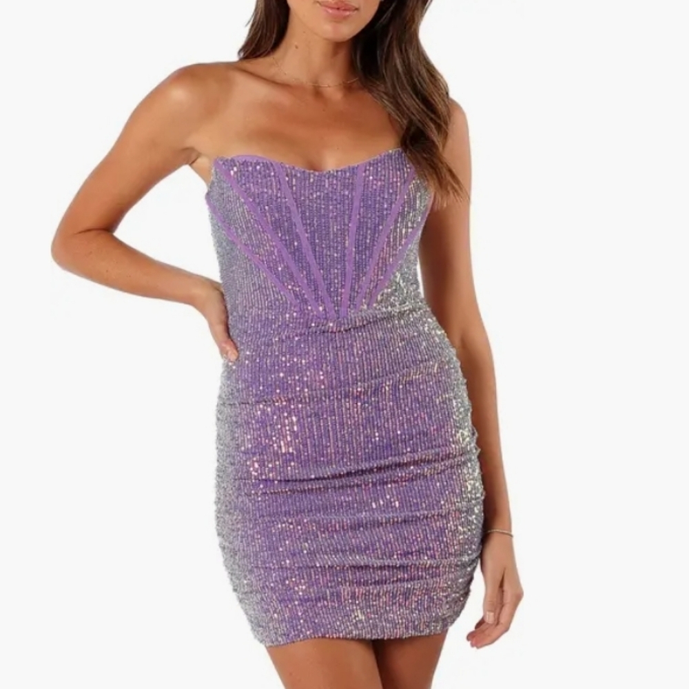 Petal & Pup Avril Sequin Strapless Corset Cocktail Mini Dress in Purple Size S